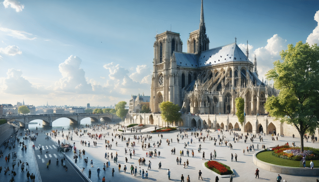 découvrez le futur parvis de notre-dame de paris à travers cet aperçu captivant. plongez dans les nouvelles perspectives d'aménagement qui redonneront vie à ce site emblématique, alliant modernité et respect de son patrimoine.